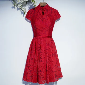 Chic Belle Rouge Robe De Ceremonie Robe De Soirée 2017 Dentelle Fleur Lanières Col Haut Manches Courtes Mi Longues Princesse