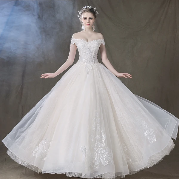 Elegant Champagne Wedding Dresses 2018 Ball Gown Lace Flower Off-The-Shoulder Backless Sleeveless Floor-Length / Long Wedding