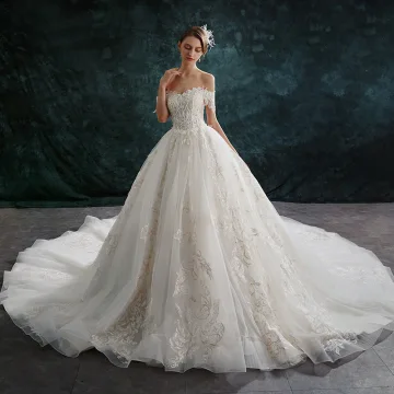 Audrey Hepburn Style Ivory Wedding Dresses 2019 A Line Princess Off The Shoulder Sequins Crystal Lace Flower Short Sleeve Backless Cathedral Train