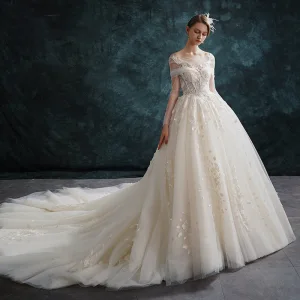 Élégant Champagne Robe De Mariée 2019 Princesse Encolure Dégagée En Dentelle Fleur Manches Longues Dos Nu Cathedral Train