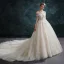 Élégant Champagne Robe De Mariée 2019 Princesse Encolure Dégagée En Dentelle Fleur Manches Longues Dos Nu Cathedral Train