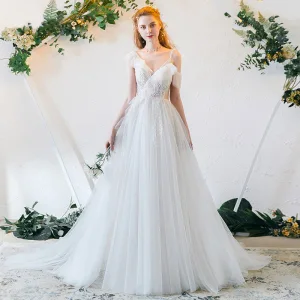 Chic Belle Ivoire Robe De Soirée 2019 Princesse Bretelles Spaghetti Perlage En Dentelle Fleur Dos Nu Longue Robe De Ceremonie