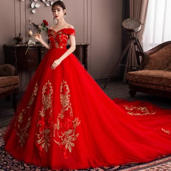 Chic Beautiful Red Wedding Dresses 2019 A Line Princess Off The Shoulder Sequins Lace Flower Short Sleeve Backless Cathedral Train