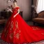 Schöne Rot Brautkleider / Hochzeitskleider 2019 A Linie Off Shoulder Pailletten Spitze Blumen Kurze Ärmel Rückenfreies Kathedrale Schleppe