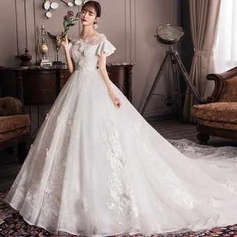 Elegant Ivory Empire Pregnant Wedding Dresses 2019 Scoop Neck Appliques Lace Flower Bell Sleeves Backless Cathedral Train