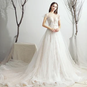 Fine Elfenben Brudekjoler 2019 Prinsesse Scoop Halsen Appliques Blonder Blomst Sløyfe Korte Ermer Ryggløse Chapel Train