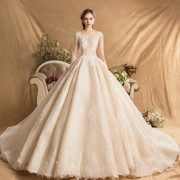 Luxe Champagne Robe De Mariée 2019 Princesse Encolure Dégagée Perlage Perle Faux Diamant En Dentelle Fleur Manches Longues Dos Nu Cathedral Train