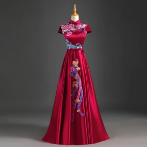 Chinese Style Burgundy Evening Dresses 2019 A Line Princess High Neck Bow Appliques Lace Cap Sleeves Backless Floor Length Long Formal Dresses