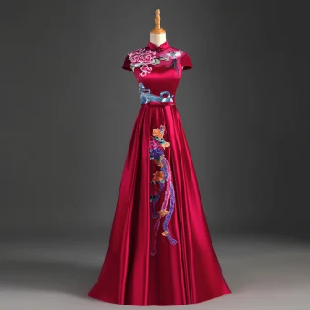 Style Chinois Bordeaux Robe De Soirée 2019 Princesse Col Haut Noeud Appliques En Dentelle Mancherons Dos Nu Longue Robe De Ceremonie