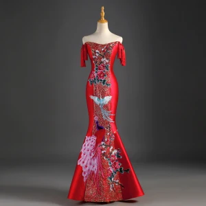 Style Chinois Rouge Robe De Soirée 2019 Trompette Sirène De L Épaule Gland Paillettes Appliques En Dentelle Sans Manches Dos Nu Longue Robe De Ceremonie