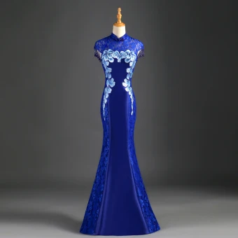 Chinese Stijl Koninklijk Blauw Avondjurken Trompet Zeemeermin Hoge Kraag Kralen Kwast Rhinestone Kant Bloem Kapmouwen Lange Gelegenheid Jurken