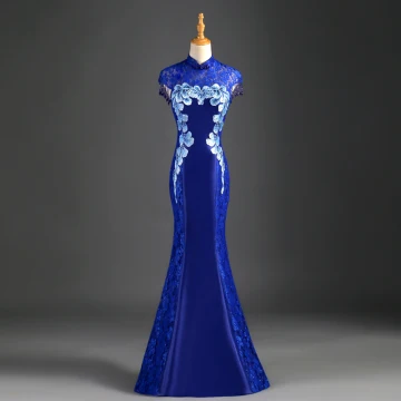 Style Chinois Bleu Roi Robe De Soirée Trompette Sirène Col Haut Perlage Gland Faux Diamant En Dentelle Fleur Mancherons Longue Robe De Ceremonie