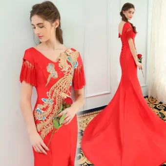 Chinese Stijl Rode Avondjurken 2019 Trompet Zeemeermin V Hals Rhinestone Appliques Kant Kapmouwen Kwast Ruglooze Rechter Trein Gelegenheid Jurken