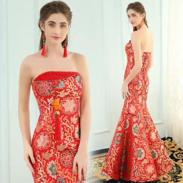 Estilo Chino Rojo Vestidos De Noche 2019 Trumpet Mermaid Sin Tirantes Crystal Sin Mangas Sin Espalda Impresión Largos Vestidos Formales