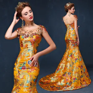 Chinese Style Gold Evening Dresses 2019 Trumpet Mermaid Scoop Neck Beading Pearl Tassel Appliques Embroidered Sleeveless Backless Sweep Train Formal Dresses