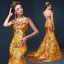 Style Chinois Doré Robe De Soirée 2019 Trompette / Sirène Encolure Dégagée Perlage Perle Gland Appliques Brodé Sans Manches Dos Nu Train De Balayage Robe De Ceremonie