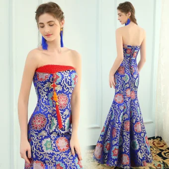 Chinese Style Royal Blue Evening Dresses 2019 Trumpet Mermaid Strapless Tassel Crystal Embroidered Sleeveless Backless Floor Length Long Formal Dresses