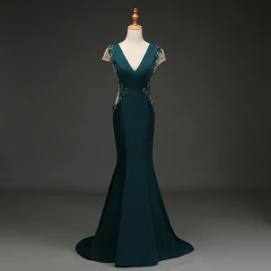 Élégant Vert Foncé Robe De Soirée 2019 Trompette Sirène V Cou Perlage Paillettes Faux Diamant En Dentelle Fleur Mancherons Dos Nu Train De Balayage Robe De Ceremonie