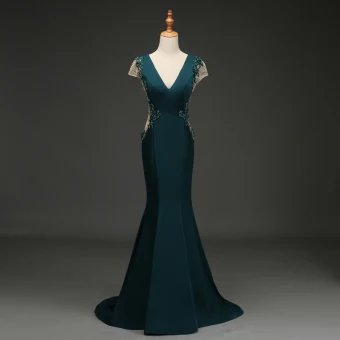 Élégant Vert Foncé Robe De Soirée 2019 Trompette Sirène V Cou Perlage Paillettes Faux Diamant En Dentelle Fleur Mancherons Dos Nu Train De Balayage Robe De Ceremonie