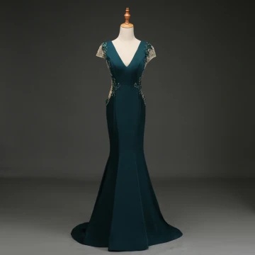 Elegant Dark Green Evening Dresses 2019 Trumpet Mermaid V Neck Beading Sequins Rhinestone Lace Flower Cap Sleeves Backless Sweep Train Formal Dresses