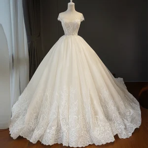 Elegant Champagne Brudekjoler 2018 Ballkjole Blonder Blomst Scoop Halsen Ryggløse Uten Ermer Royal Train Bryllup