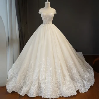 Élégant Champagne Robe De Mariée 2018 Robe Boule En Dentelle Fleur Encolure Dégagée Dos Nu Sans Manches Royal Train Mariage