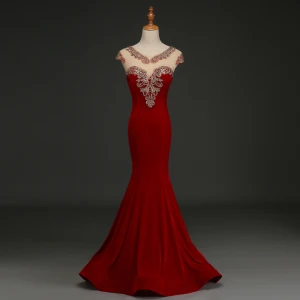 Élégant Bordeaux Robe De Soirée 2019 Trompette Sirène Daim V Cou Faux Diamant En Dentelle Fleur Mancherons Longue Robe De Ceremonie