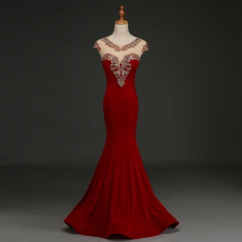 Élégant Bordeaux Robe De Soirée 2019 Trompette Sirène Daim V Cou Faux Diamant En Dentelle Fleur Mancherons Longue Robe De Ceremonie