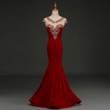Élégant Bordeaux Robe De Soirée 2019 Trompette Sirène Daim V Cou Faux Diamant En Dentelle Fleur Mancherons Longue Robe De Ceremonie