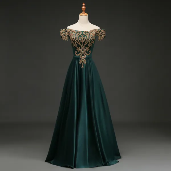 Elegant Dark Green Evening Dresses  2019 A-Line / Princess Off-The-Shoulder Rhinestone Sash Short Sleeve Backless Floor-Length / Long Formal Dresses
