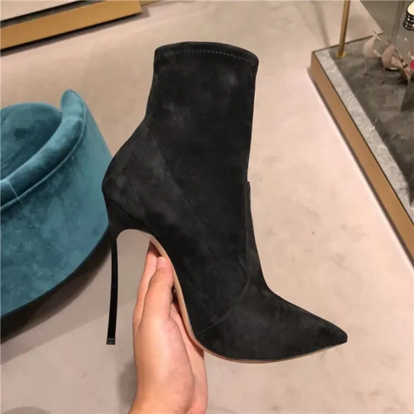 Modest / Simple Black Casual Suede Womens Boots 2019 Polyester 12 cm Stiletto Heels Pointed Toe Boots