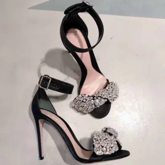 Sjarmerende Svart Aften Damesko 2019 Lær Ankelstropp Rhinestone 10 Cm Stiletthæler Peep Toe Hæler