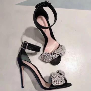 Charmant Noire Soirée Chaussures Femmes 2019 Cuir Bride Cheville Faux Diamant 10 Cm Talons Aiguilles Peep Toes Bout Ouvert Talons