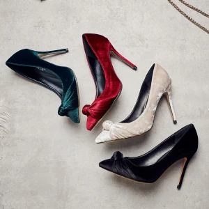 Chic Belle Noire Promo Escarpins 2019 Daim Noeud 10 Cm Talons Aiguilles À Bout Pointu Escarpins