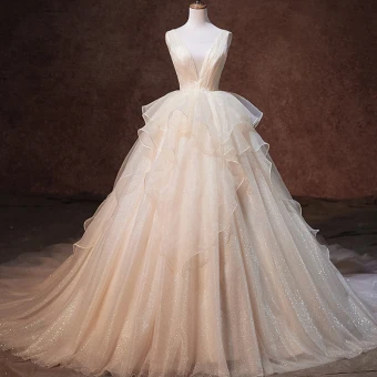 Luxury Gorgeous Champagne Glitter Wedding Dresses 2019 A Line Princess See Through Deep V Neck Sleeveless Backless Cascading Ruffles