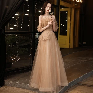 Charmant Champagne Faux Diamant Robe De Bal 2021 Princesse Volants De L 039 Épaule Sans Manches Longue Promo Robe De Ceremonie
