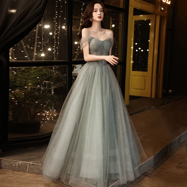 Charming Grey Glitter Prom Dresses 2021 A-Line Princess Off-The-Shoulder Sleeveless Long