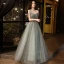 Charming Grey Glitter Prom Dresses 2021 A-Line / Princess Off-The-Shoulder Sleeveless Backless Floor-Length / Long Prom Formal Dresses