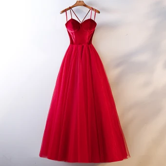 Chic Belle Rouge Robe De Soirée 2019 Princesse Bretelles Spaghetti Daim Noeud Sans Manches Dos Nu Longue Robe De Ceremonie