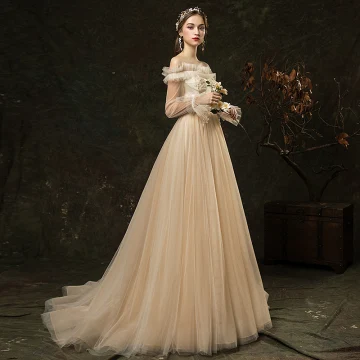 Elegant Champagne Outdoor Garden Wedding Dresses 2019 A Line Princess Ruffle Off The Shoulder Beading Pearl Appliques Lace Flower Sequins Long Sleeve Backless Sweep Train