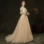 Elegant Champagne Outdoor / Garden Wedding Dresses 2019 A-Line / Princess Ruffle Off-The-Shoulder Beading Pearl Appliques Lace Flower Sequins Long Sleeve Backless Sweep Train