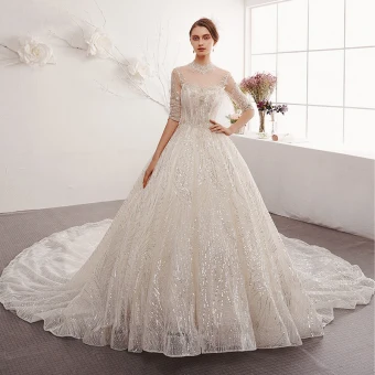Charming Champagne Wedding Dresses 2019 A Line Princess Scoop Neck Beading Sequins Lace Flower 1 2 Sleeves Backless Cathedral Train
