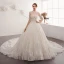 Charming Champagne Wedding Dresses 2019 A-Line / Princess Scoop Neck Beading Sequins Lace Flower 1/2 Sleeves Backless Cathedral Train