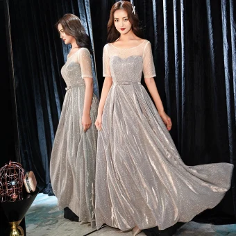 Scintillantes Argenté Robe De Soirée 2019 Princesse Encolure Dégagée Faux Diamant Glitter Polyester Noeud 1 2 Manches Dos Nu Longue Robe De Ceremonie