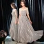 Glittrande Silver Aftonklänningar 2019 Prinsessa Urringning Rhinestone Glittriga / Glitter Polyester Rosett 1/2 ärm Halterneck Långa Formella Klänningar
