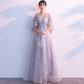 Chic Belle Gris Robe De Soirée 2019 Princesse V Cou Noeud En Dentelle Fleur 1 2 Manches Dos Nu Longue Robe De Ceremonie