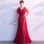 Chic / Beautiful Burgundy Evening Dresses  2019 A-Line / Princess V-Neck Crystal Lace Flower Short Sleeve Backless Floor-Length / Long Formal Dresses