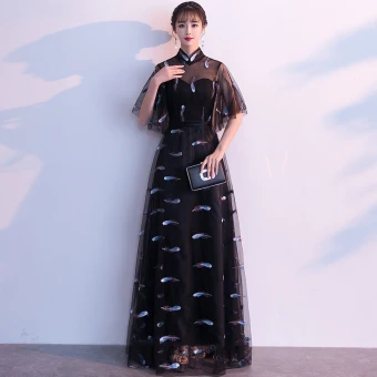 Chic Belle Noire Robe De Soirée 2019 Princesse Col Haut Ceinture En Dentelle Fleur 1 2 Manches Longue Robe De Ceremonie