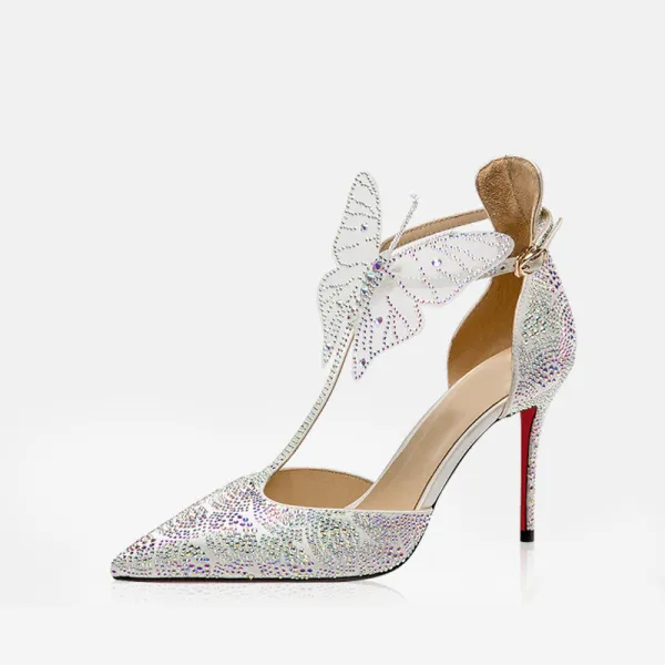 Modern / Fashion Silver Leather Wedding Shoes 2019 T-Strap Rhinestone Butterfly 9 cm Stiletto Heels Pointed Toe High Heels