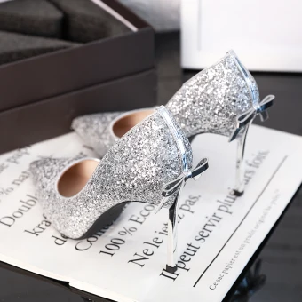 Sparkly Silver Wedding Shoes 2019 Glitter Sequins Bow 9 Cm Stiletto Heels Pointed Toe Wedding Pumps
